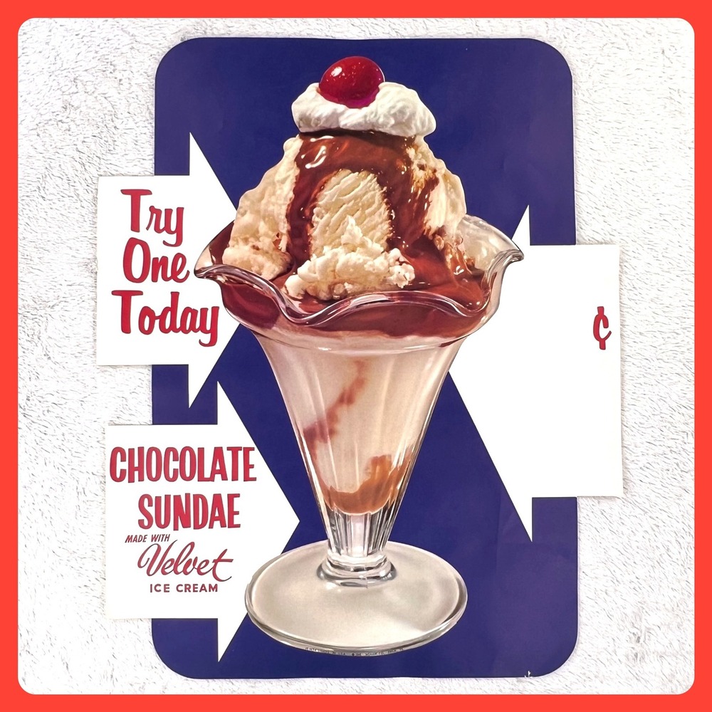 1950s‎ Velvet Ice Cream Vintage Advertising Sign BIG 25" Paper Display Weiller